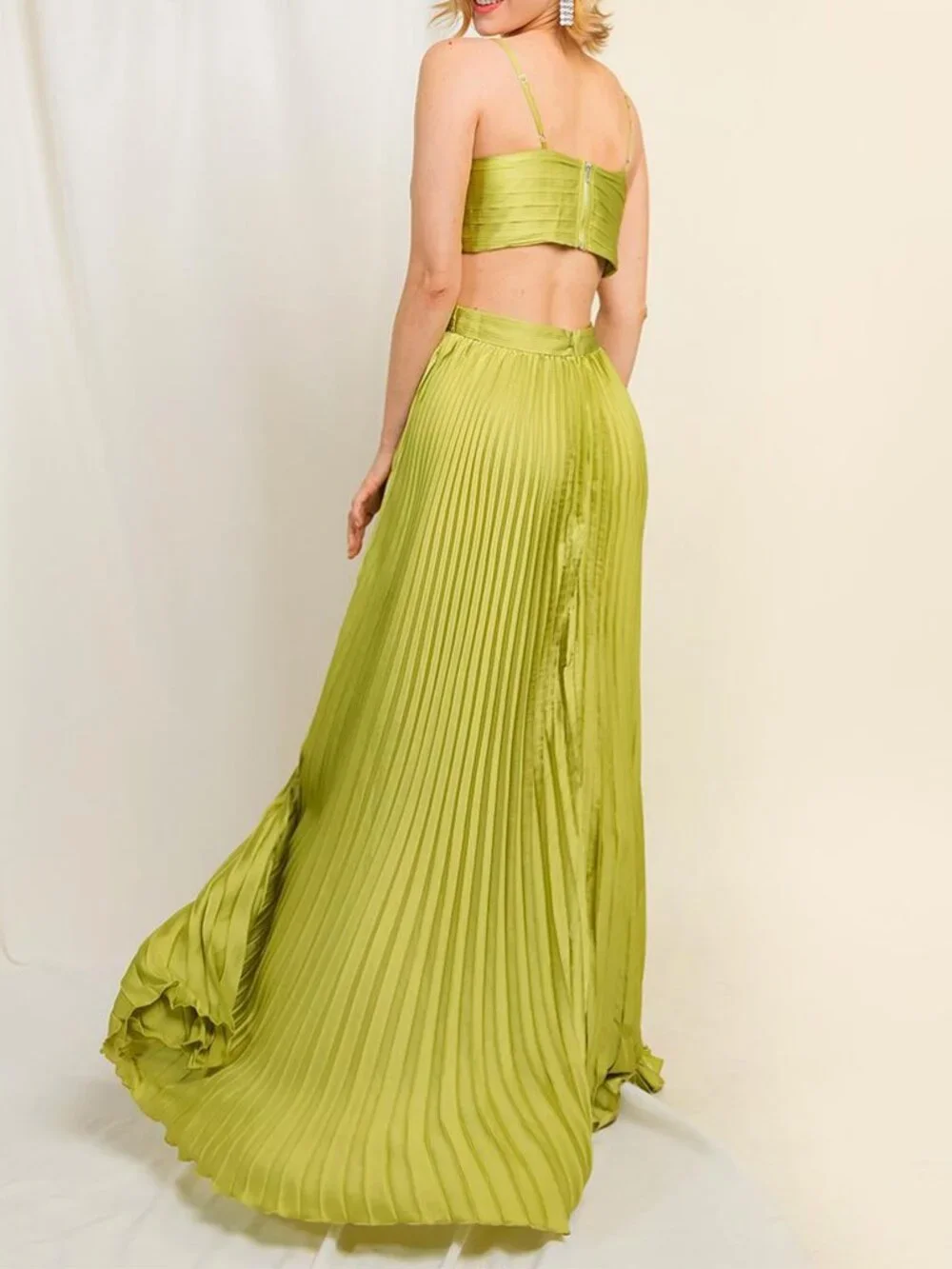 Lime Green Pleated Cutout Formal Wedding Party Maxi Dress 12
